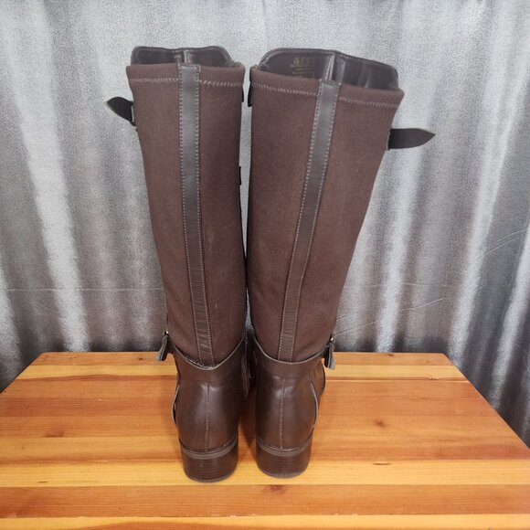 Franco Sarto Brown Knee High Riding Boots Chrome Zip Up Size 8.5M Neoprene Calf - Picture 6 of 16